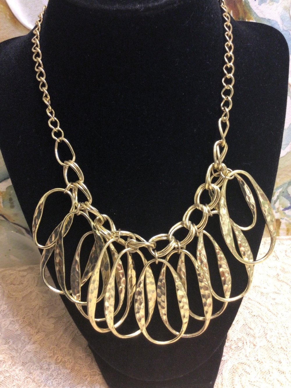 Fashion Bib Necklace Gold Tone Draped Tier of Ovals Rings with Hammered Texture